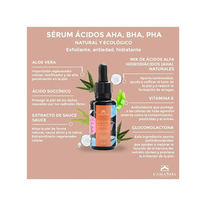 Sérum de Ácidos AHA, BHA, PHA, Camassia, 30ml