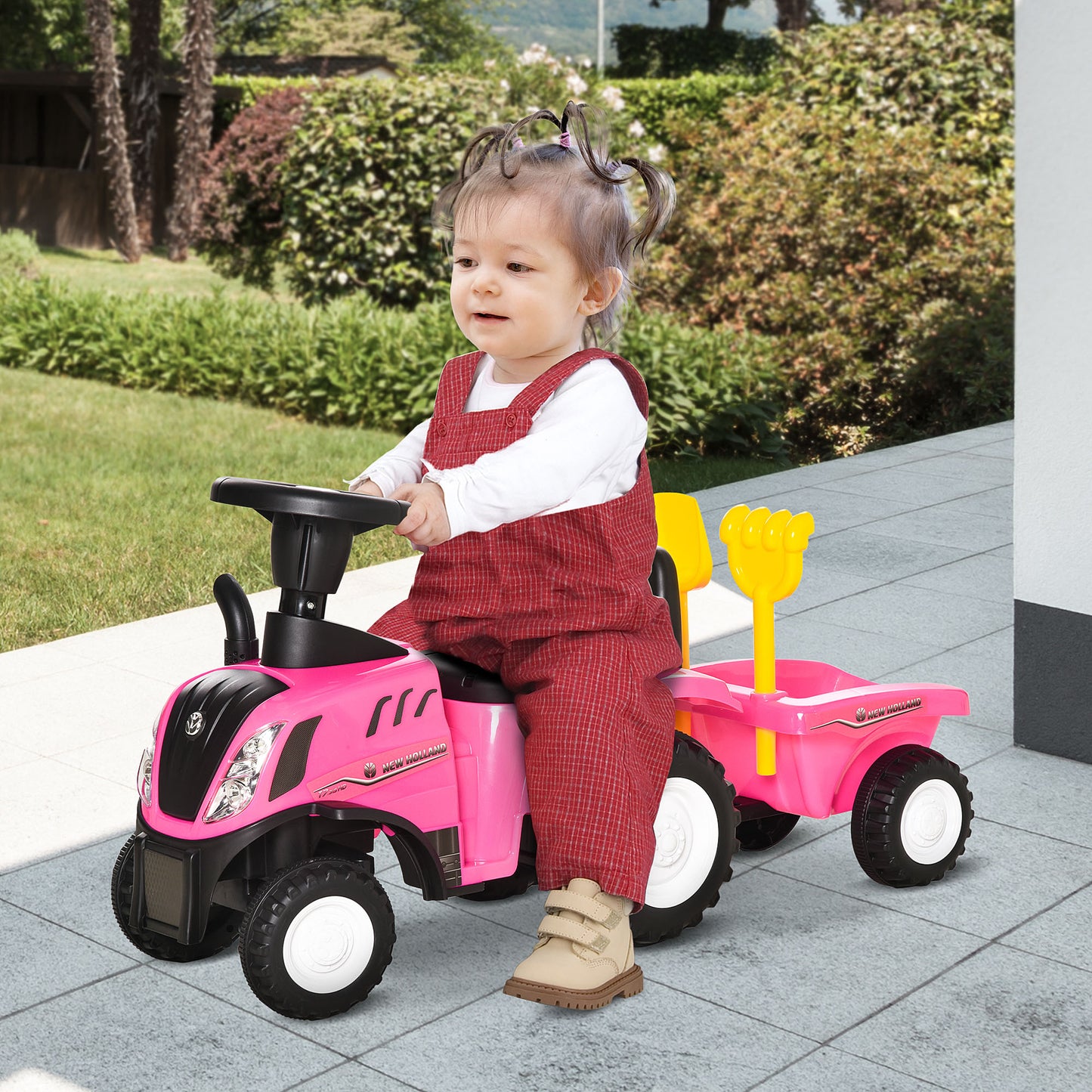 Homcom Tractor Con Remolque Para Niños 12-36 Meses Con Faros Pala Y Rastrillo_1