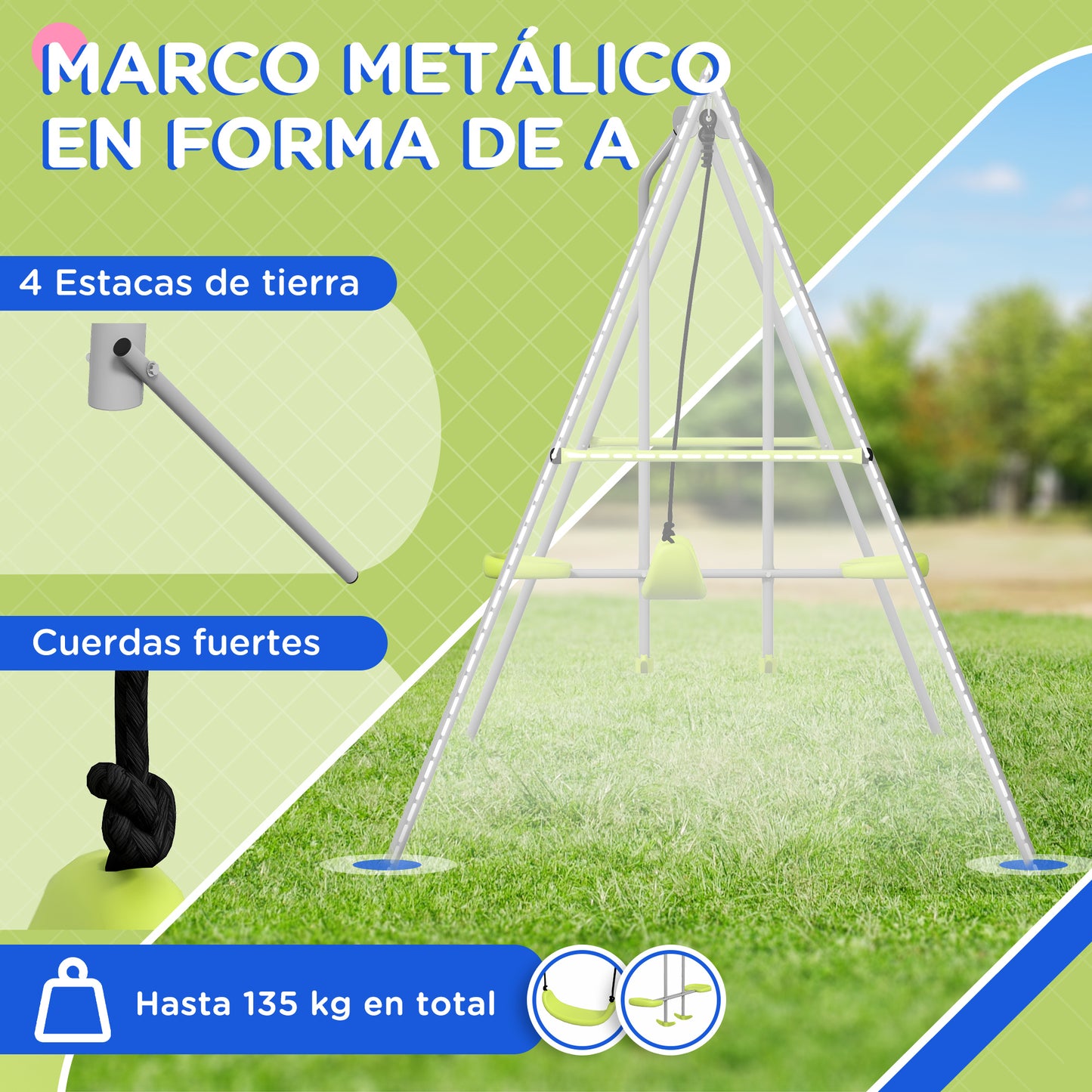 Outsunny Columpio Para Niños Con 1 Columpio Simple Y 1 Planeador Gris Y Verde_4