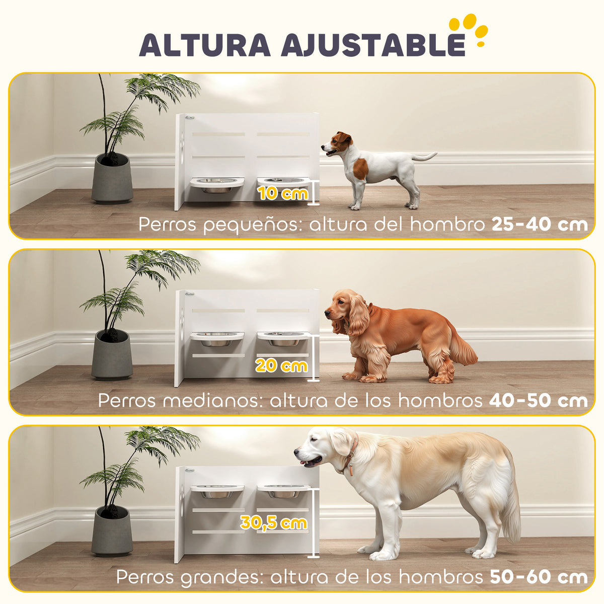 Pawhut Comedero Perros Elevado De 3 Alturas Ajustables Cuencos 2x1 L Blanco_4