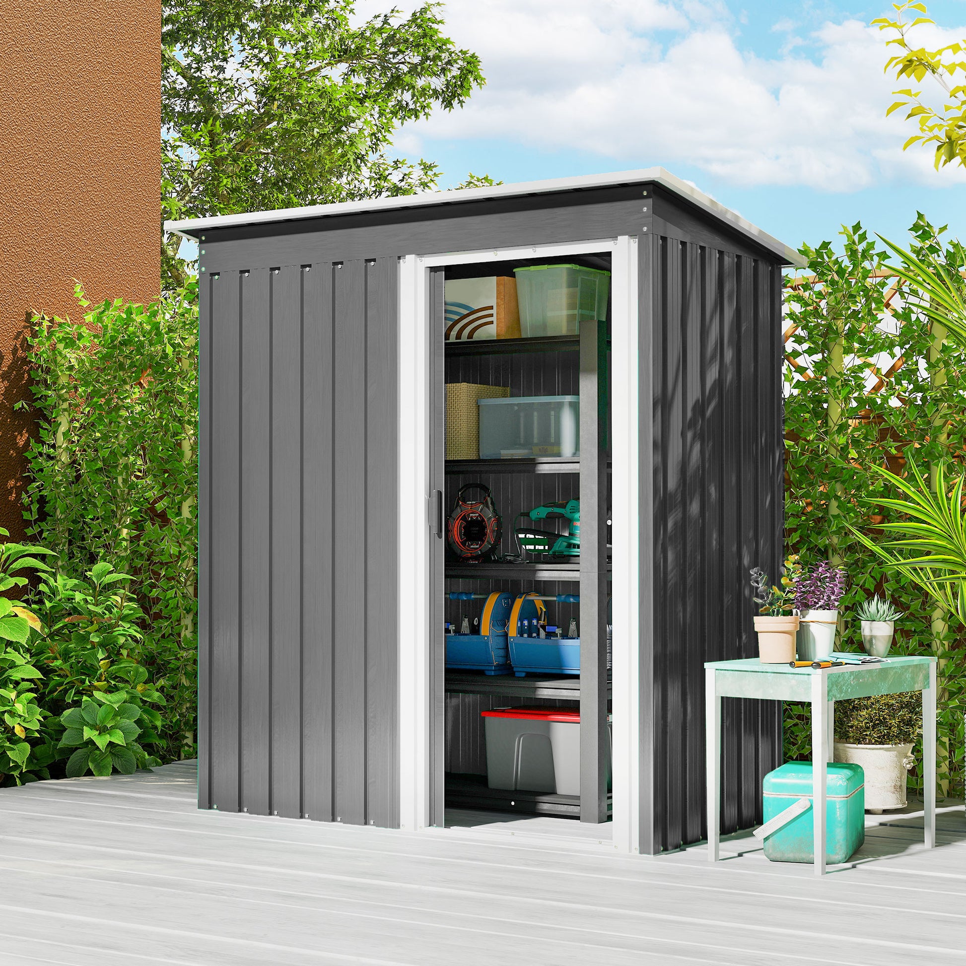 Outsunny Cobertizo De Jardín Exterior 1,2 M² 163x89x182 Cm Puerta Corredera Gris_1