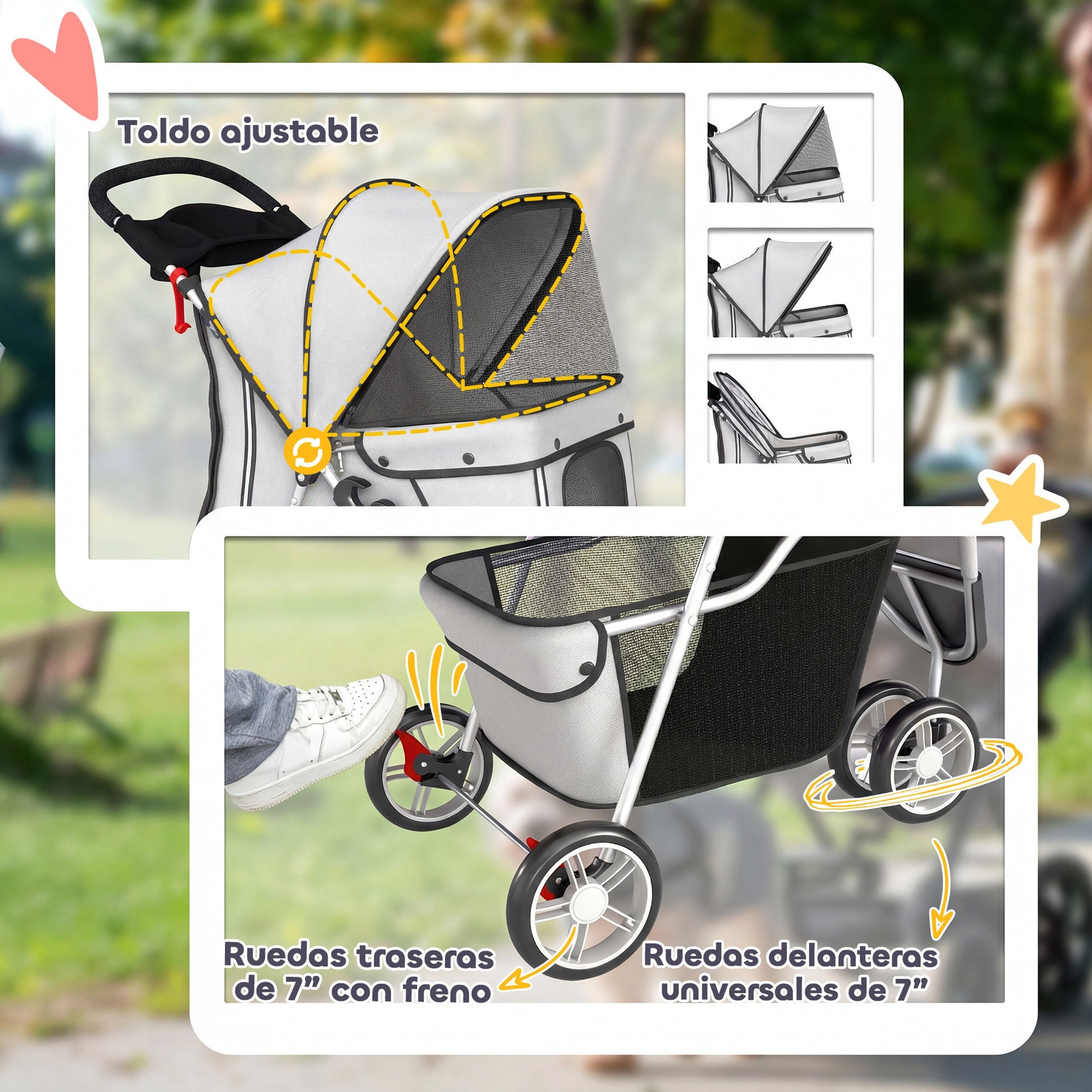 Pawhut Carrito Para Perros Plegable Hasta 10 Kg De 3 Ruedas Con Capota Ajustable_5