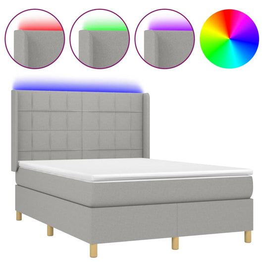 Cama Box Spring Colchón Y Luces Led Tela Gris Claro 140x190 Cm / Vetonek_0