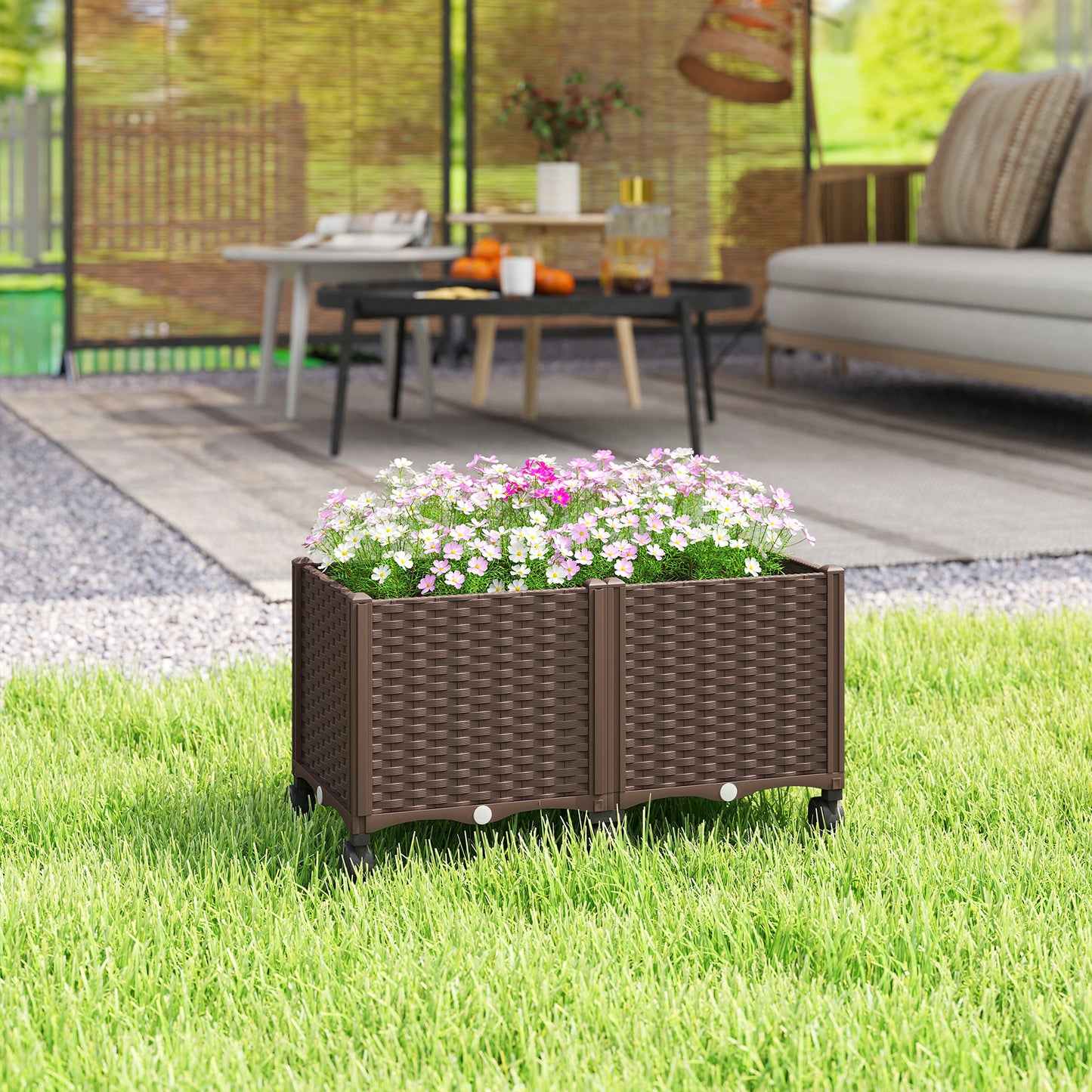 Outsunny Jardinera Elevada Con 6 Ruedas Riego Automático Y Drenaje Marrón_1