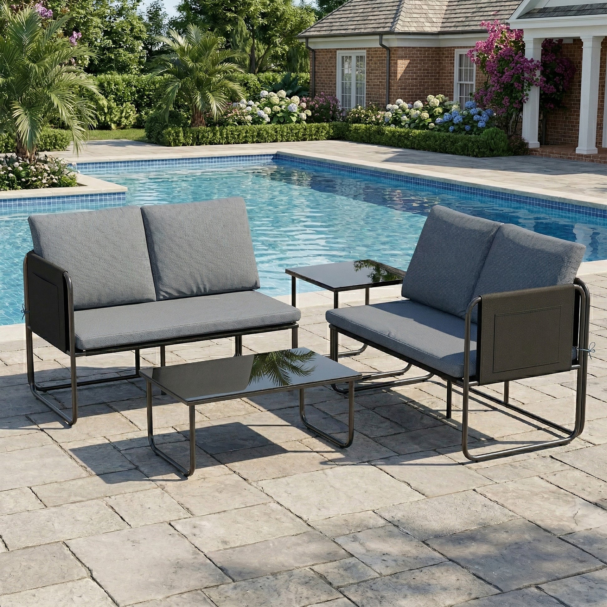 Outsunny Conjunto Jardín Exterior De 4 Piezas 2 Mesas De Vidrio 2 Sofás Cojines_1