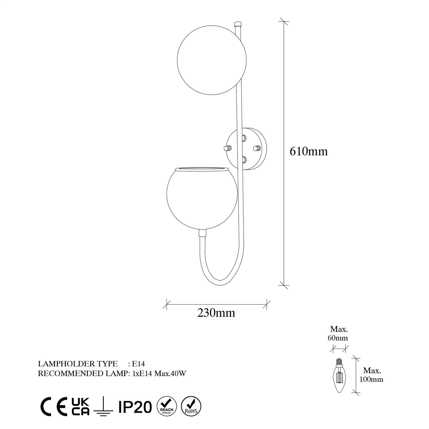 Aplique De Pared, Metal , Negro, 15x23x61, Casquillo E14 Max 40 W_1