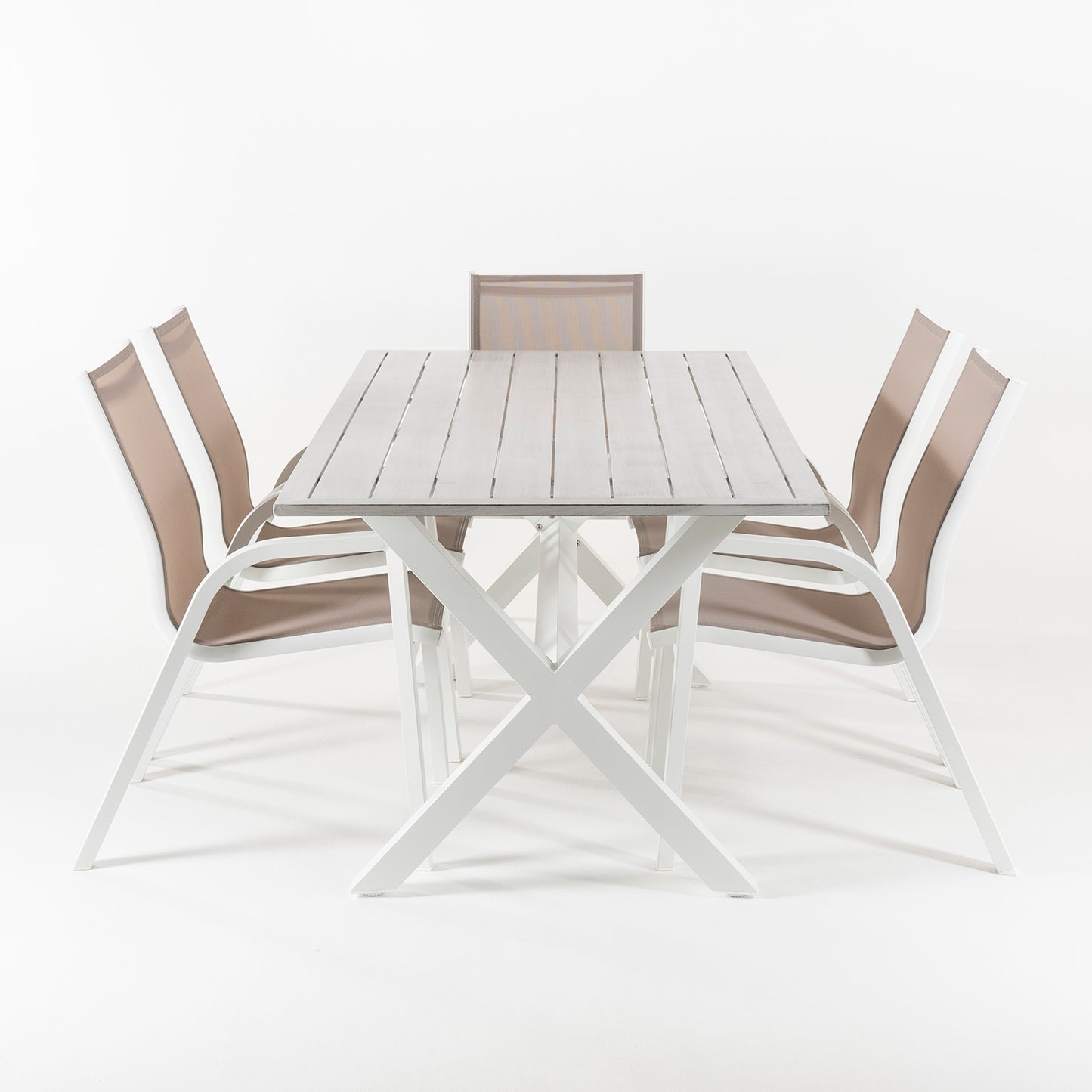 Conjunto Mesa De Jardin 190 Cm Con 6 Sillones Apilables, Aluminio Blanco, Textilene Taupé, 6 Plazas_3