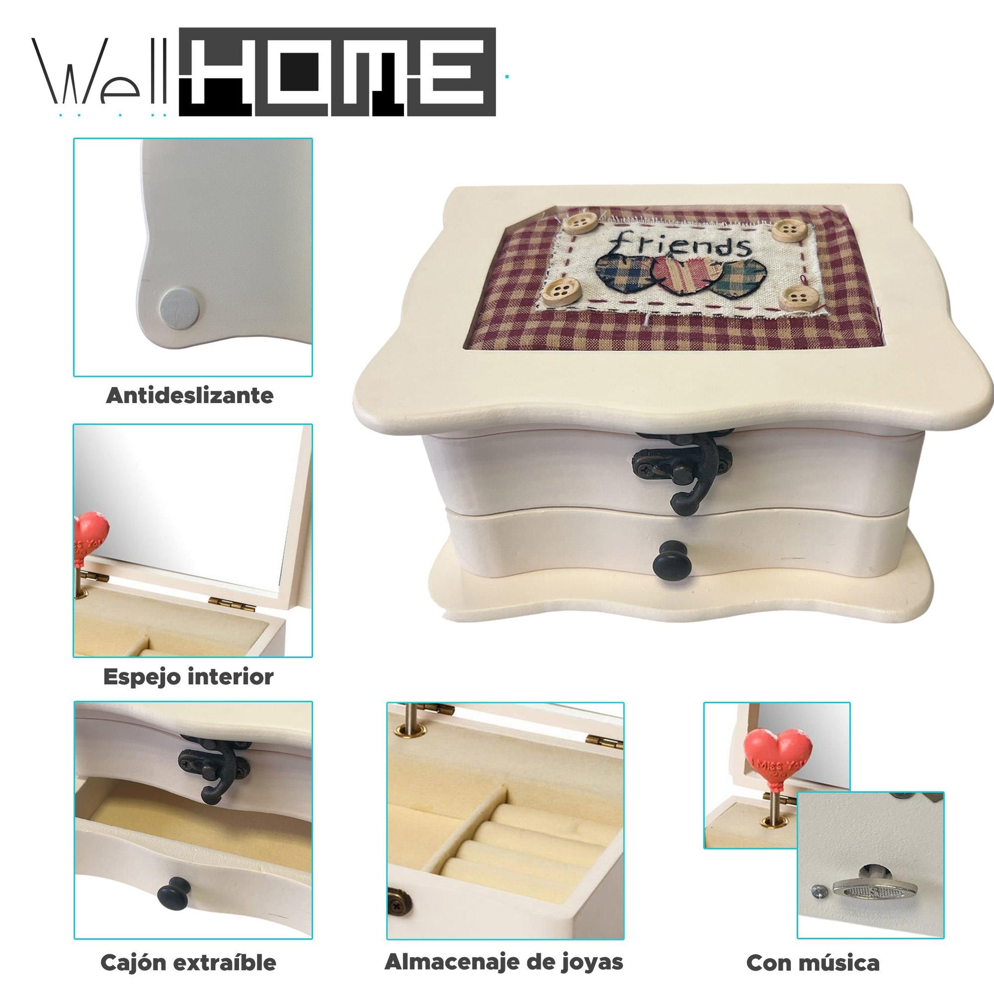 Caja Joyero Friends Madera Cuadrada Con Espejo Y Cajón_1
