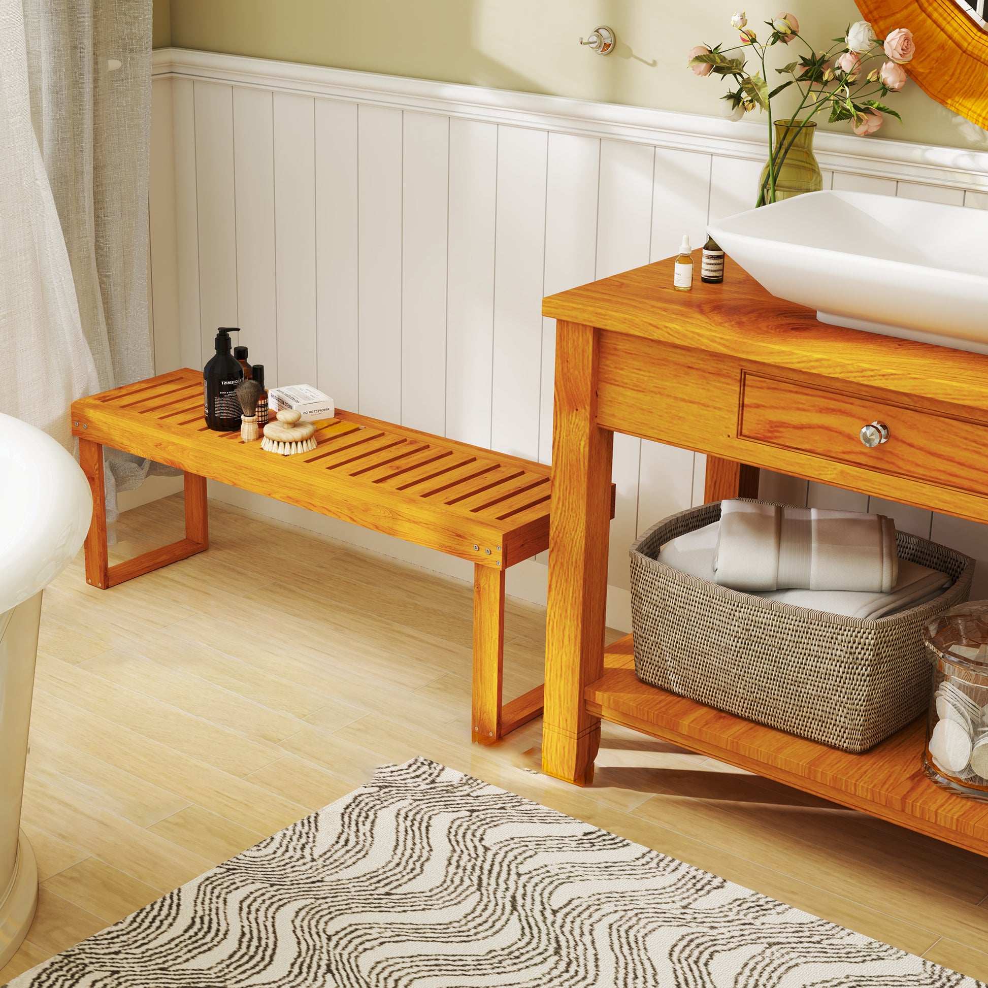 Outsunny Banco De Jardín De Madera De 2 Plazas Asiento De Lamas 120x34x43cm Teca_4