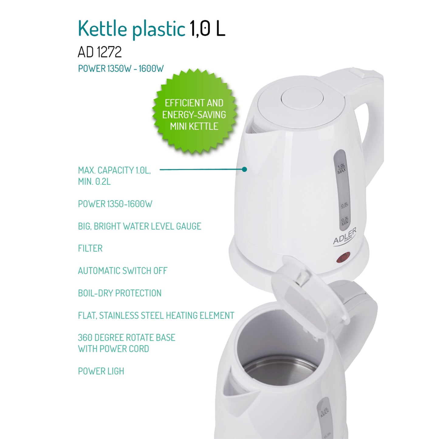 Hervidor Agua Eléctrico, 1 L, Sin Bpa, Resistencia Oculta, Inalámbrico, Apagado Automático Adler Ad1272, 1600w_3