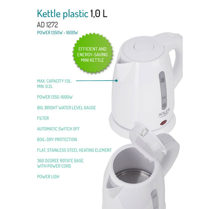 Hervidor Agua Eléctrico, 1 L, Sin Bpa, Resistencia Oculta, Inalámbrico, Apagado Automático Adler Ad1272, 1600w_3