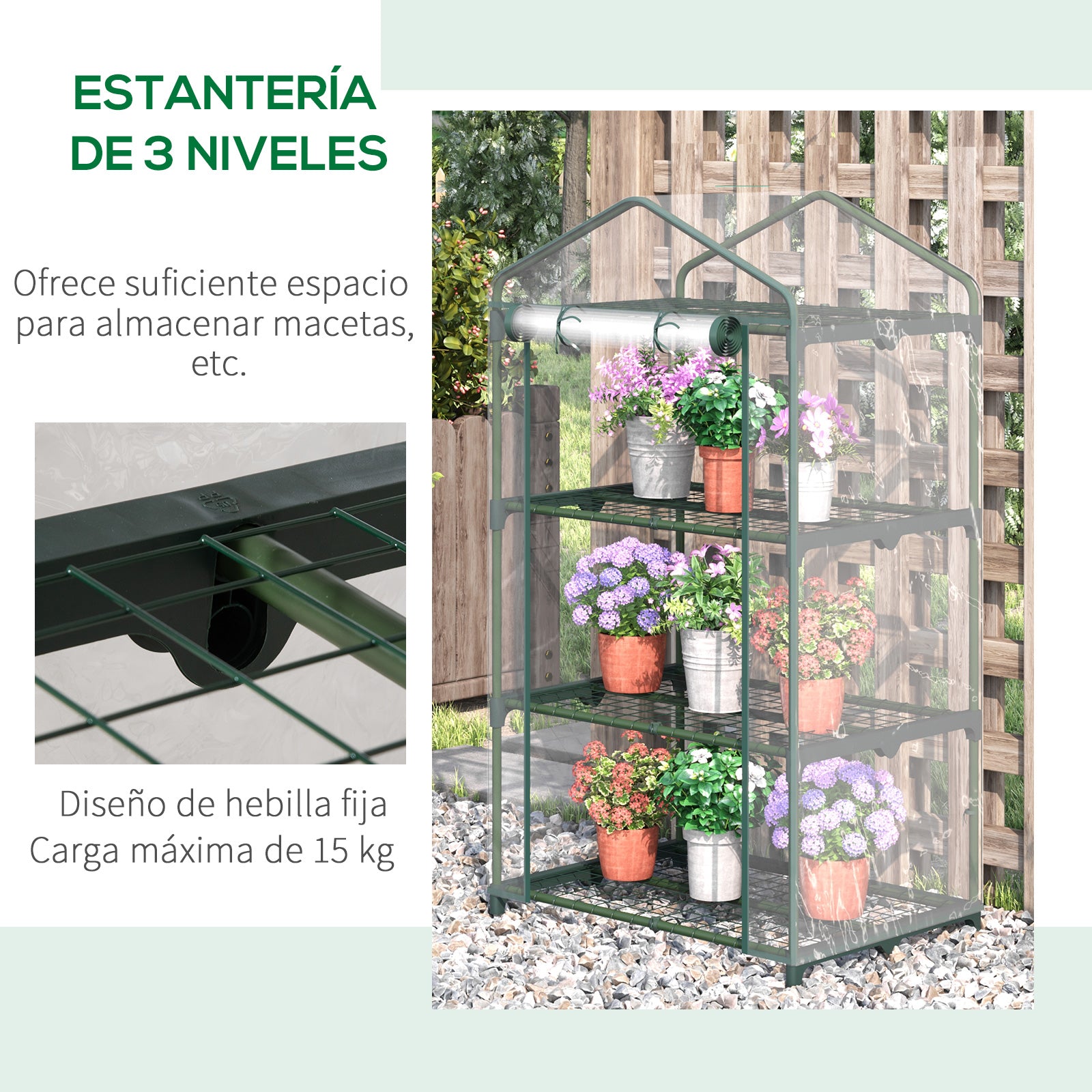 Outsunny Invernadero Jardín Terraza Con 3 Estantes Metálicos Y Puerta Enrollable_3