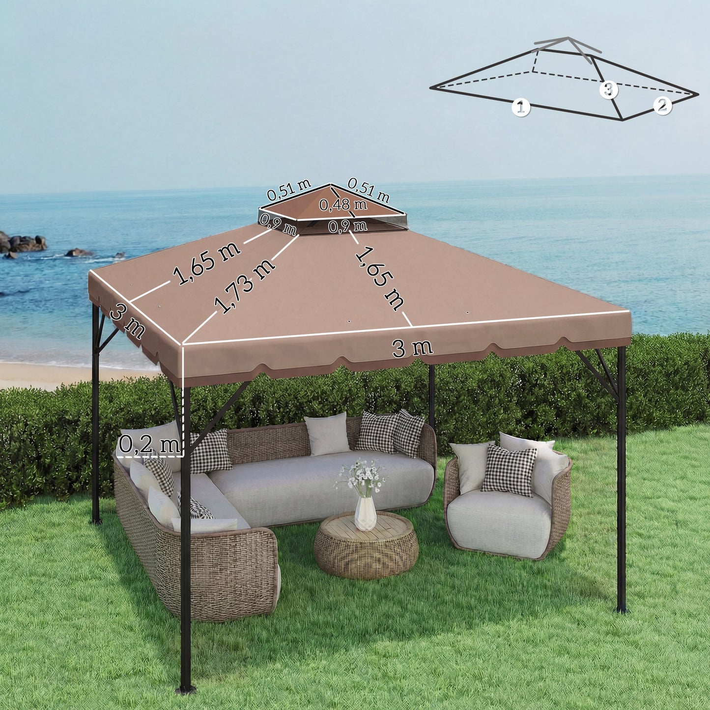 Outsunny Techo De Repuesto Para Cenador 3x3 M Techo Doble Upf 30+ Caqui_2