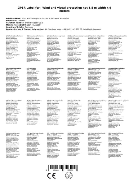 Malla De Ocultación, Cortavientos Jardín, 1,5m X 9m, Tela Hdpe