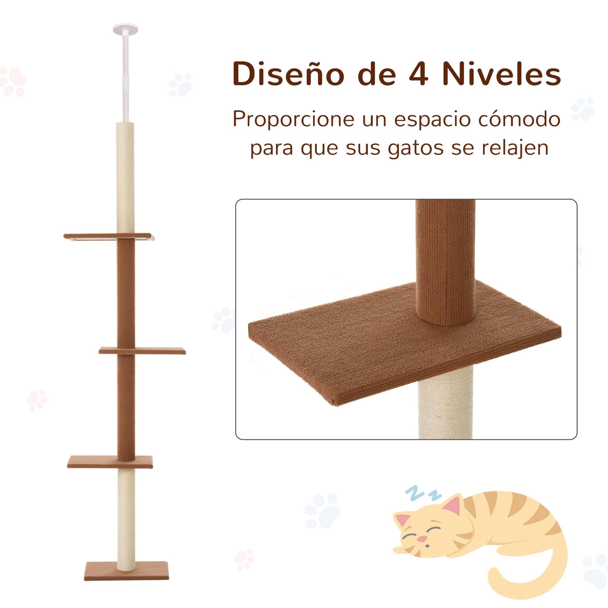 Pawhut Árbol Para Gatos Rascador 43x27x228-260cm Altura Ajustable 4 Plataformas_5