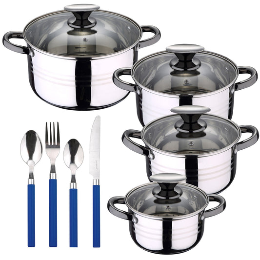 Bateria De Cocina 8 Piezas Apta Para Induccion San Ignacio Hita En Acero Inoxidable Con Cuberteria De 24 Piezas En Acero Inoxidable En Color Azul_0
