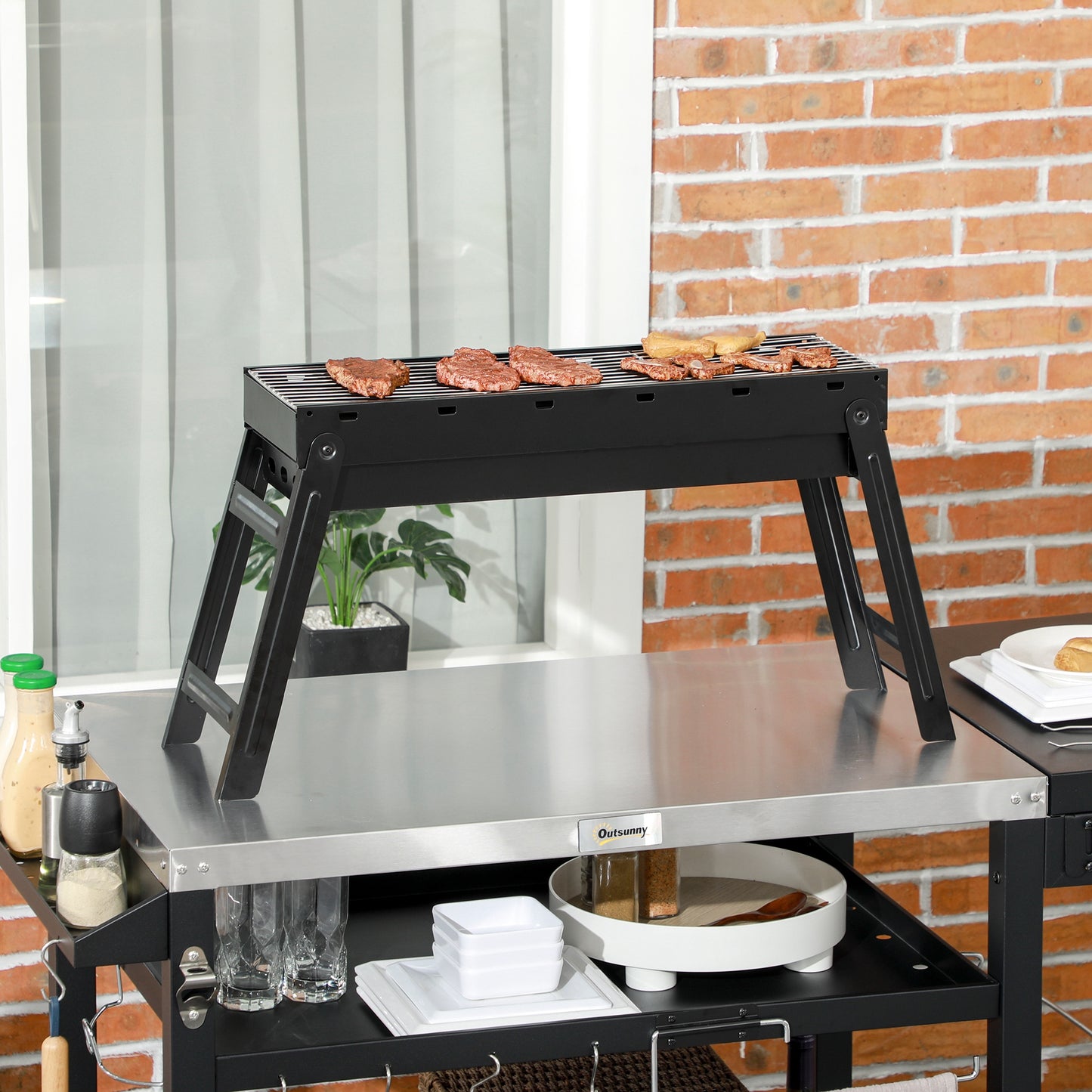 Outsunny Barbacoa De Carbón Plegable Con Parrillas De Acero Inoxidable Negro_1