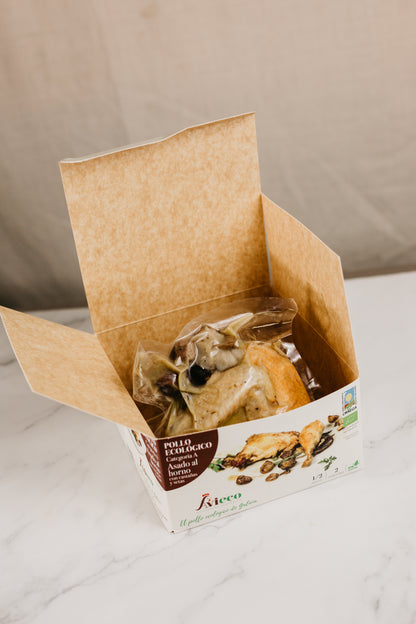 Pollo ecológico asado al horno con castañas y setas