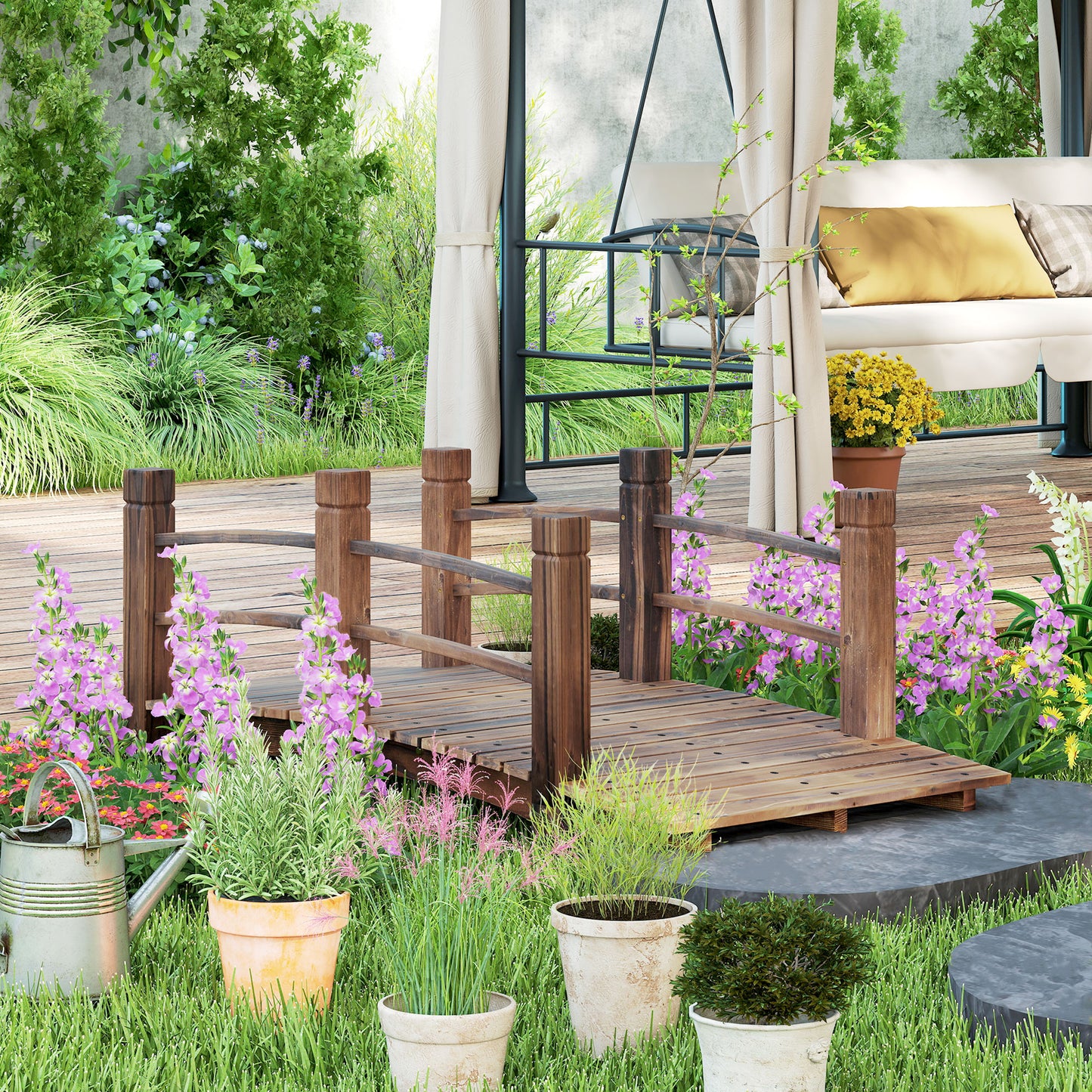 Outsunny Puente De Jardín De Madera Con Barandilla 152,5x67x48 Cm Carbonizado_3