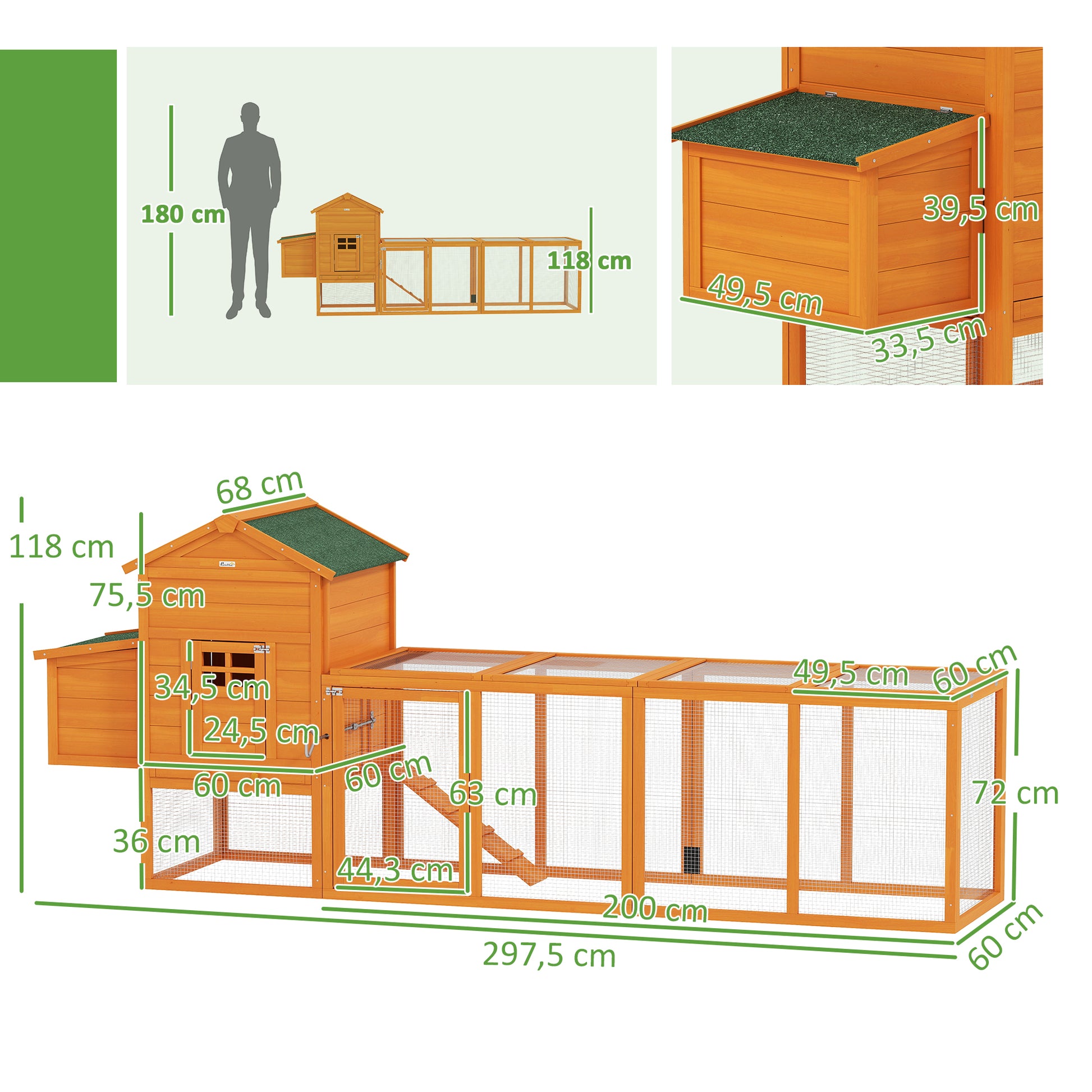 Pawhut Gallinero De Madera 297,5x68x118 Cm Para 3-6 Gallinas Con Techo Asfáltico_2