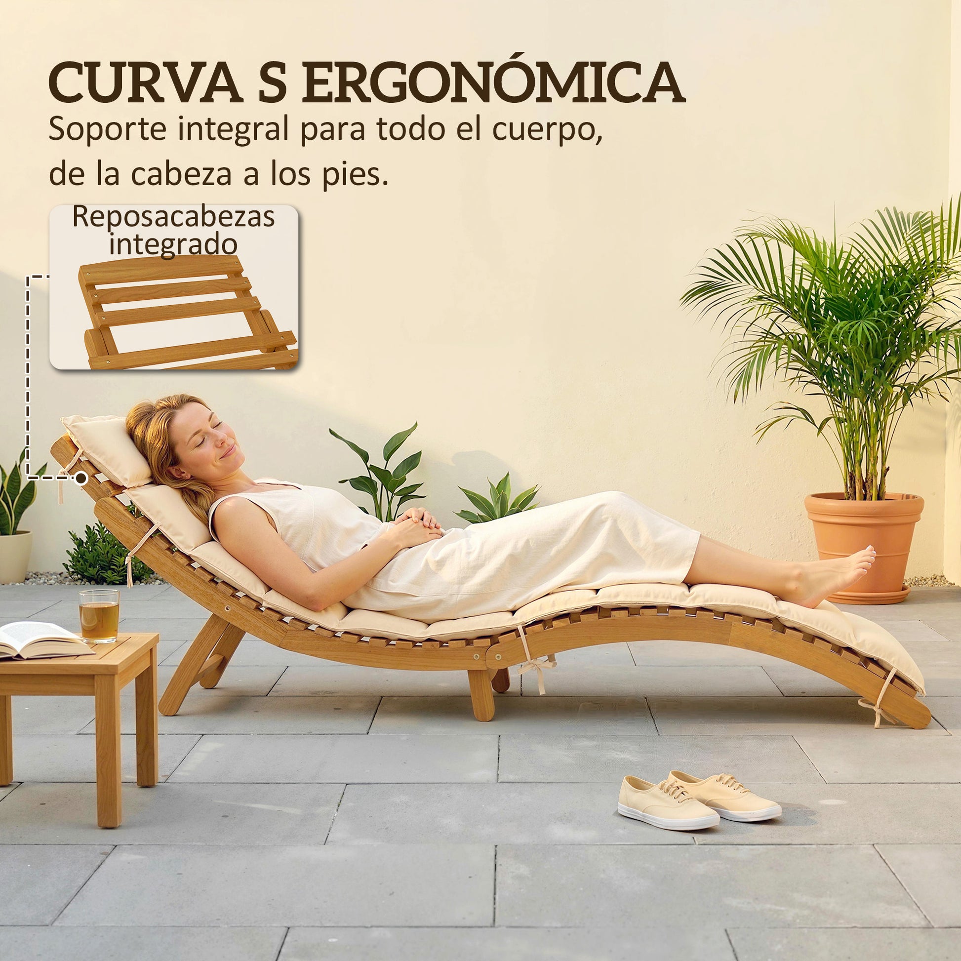 Outsunny Tumbona Plegable De Madera De Acacia Con Cojín Y Reposacabezas_4