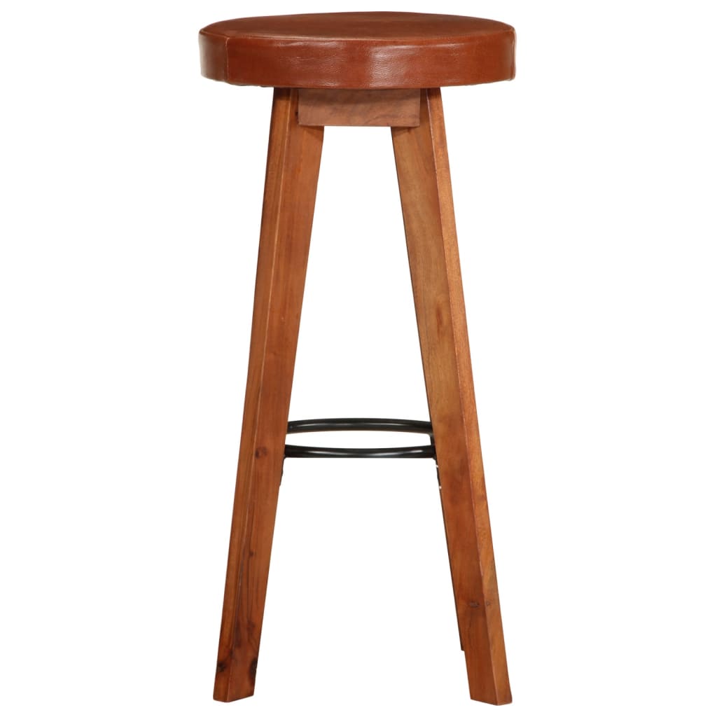 Taburetes De Cocina 2 Uds Cuero Auténtico Madera Maciza Acacia_3