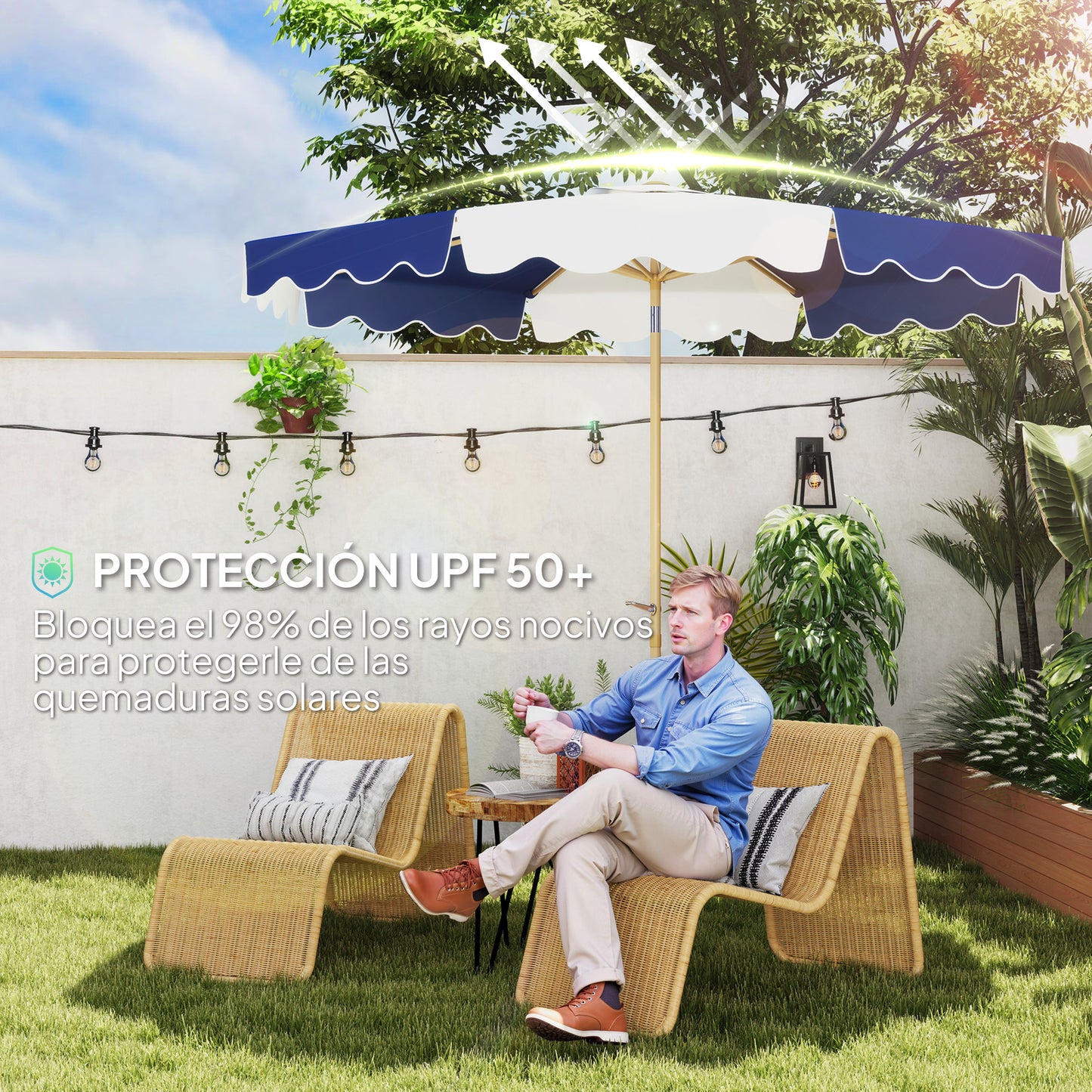 Outsunny Sombrilla Terraza Exterior Ø267 Cm Con Ángulo Inclinable Azul Y Blanco_4