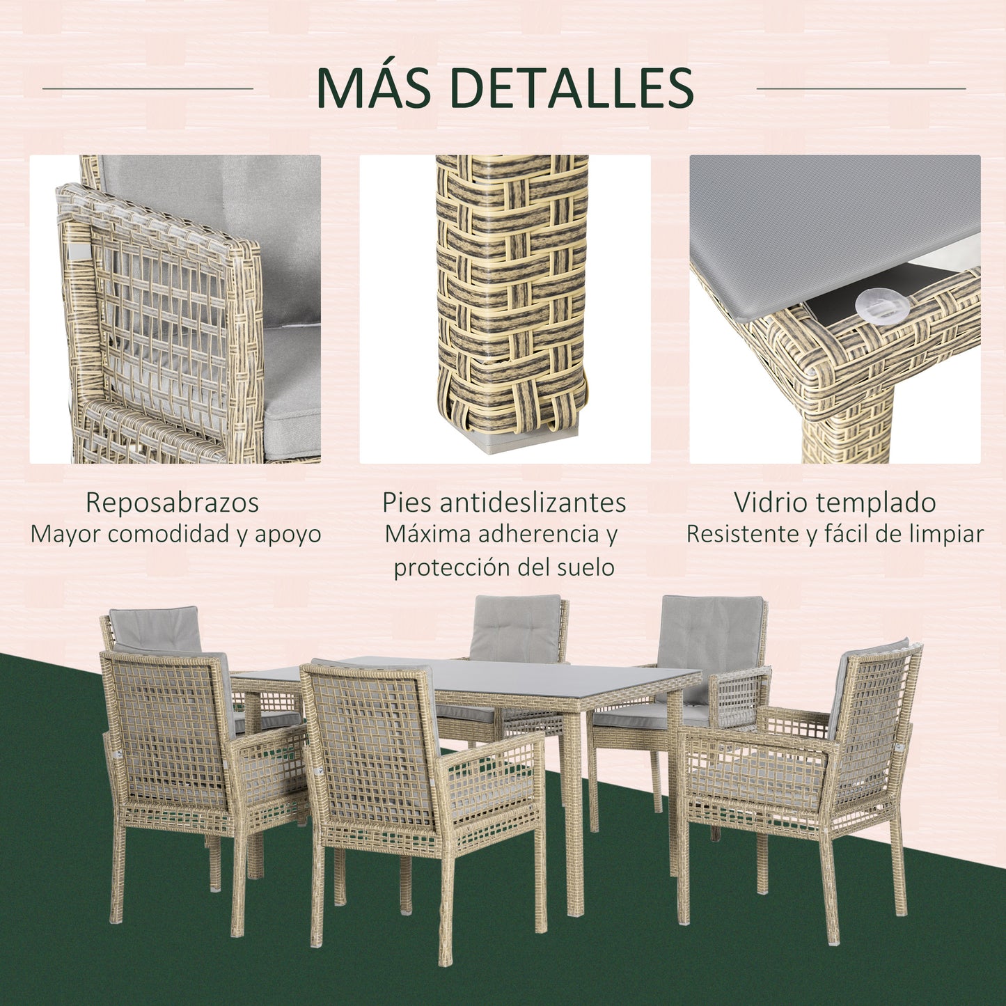 Outsunny Muebles De Comedor Jardín 7 Piezas Mesa De Vidrio Y 6 Sillas De Ratán_5