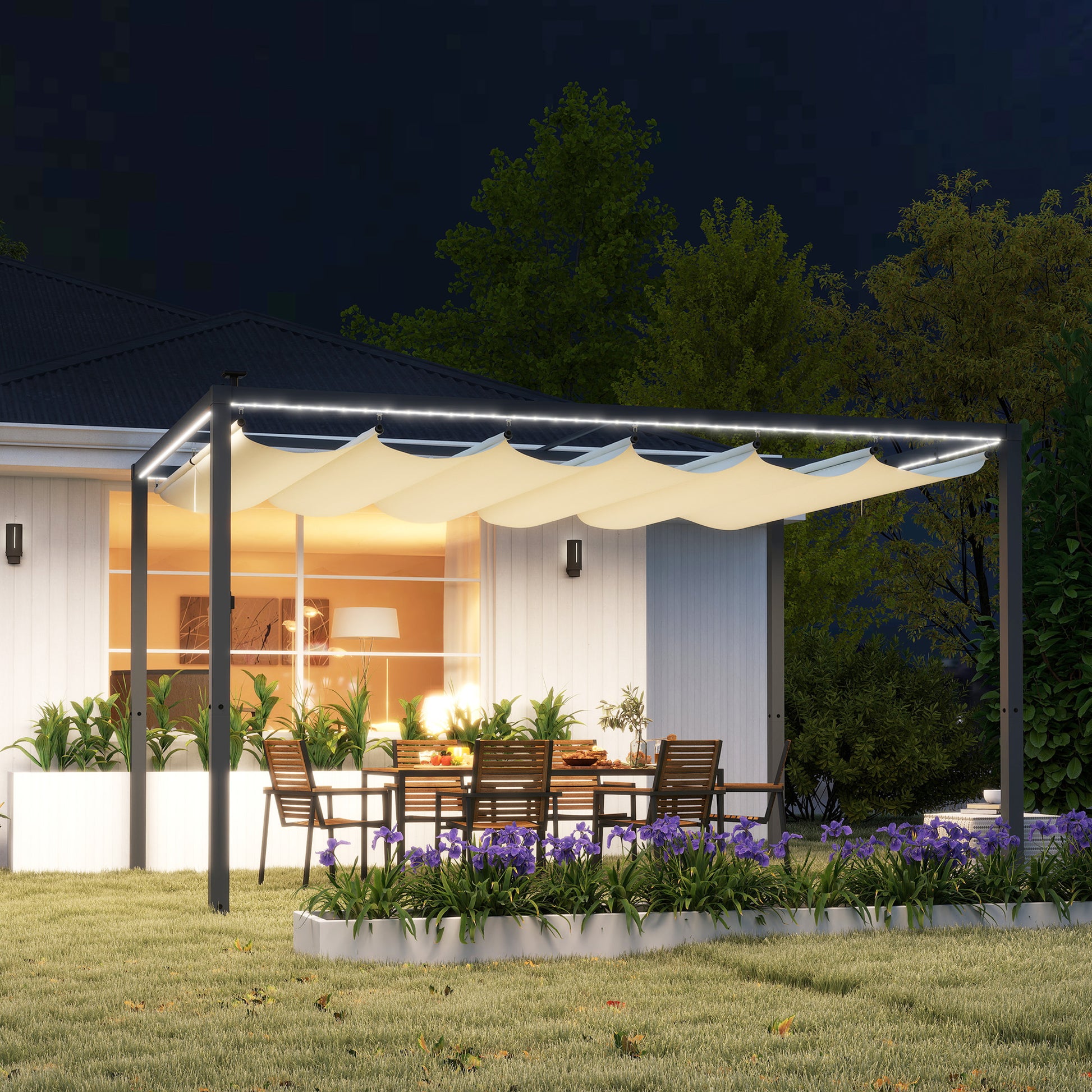 Outsunny Pérgola De Aluminio 4x3 M Con Luces Led Techo Retráctil Crema Y Gris_1