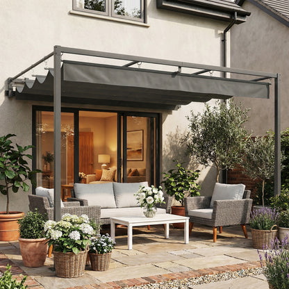 Outsunny Pérgola De Pared 3x3 M Con Techo Retráctil Upf30+ Gris Oscuro_1