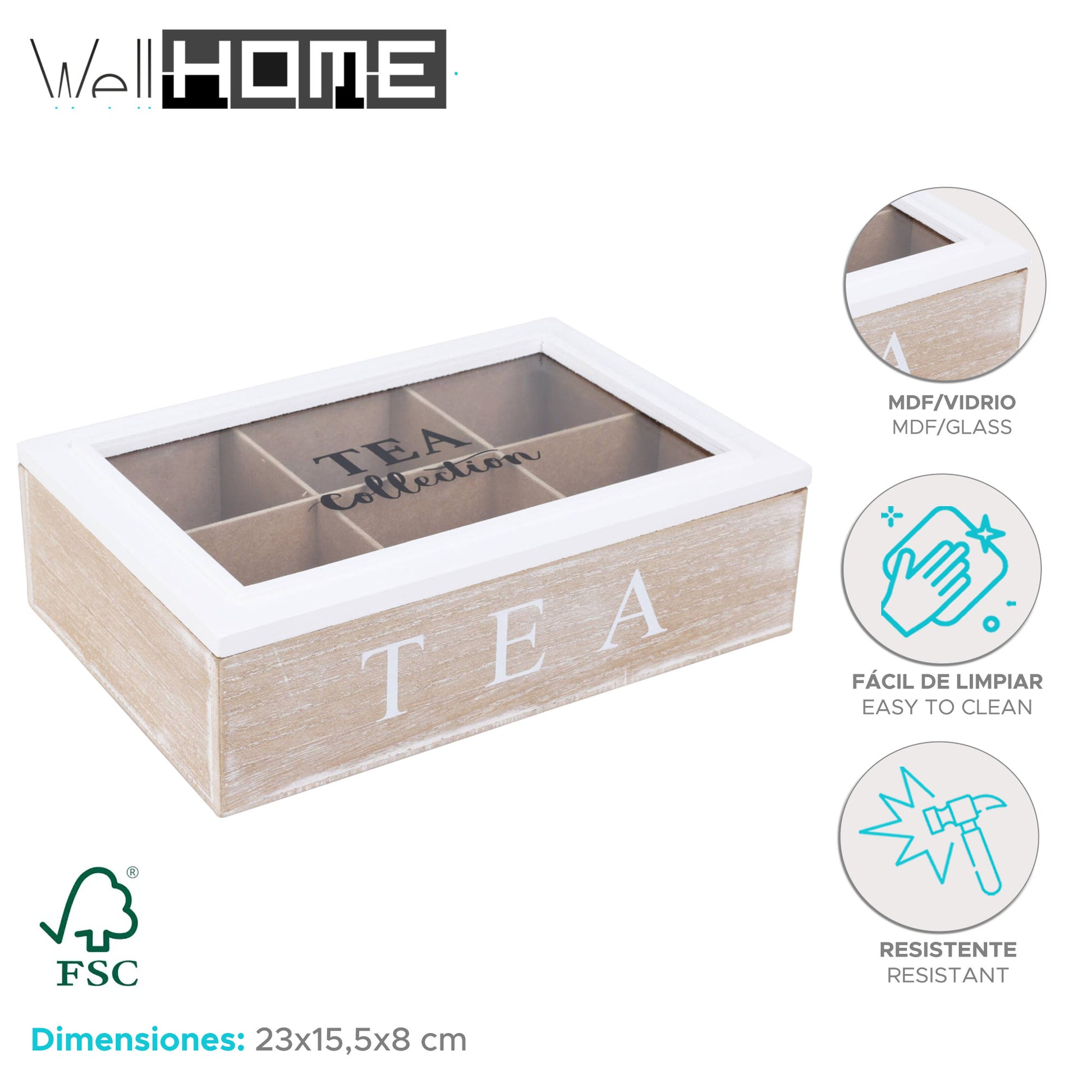 Well Home Caja De Té De 6 Compartimentos Con Tapa De Vidrio En Mdf Blanco