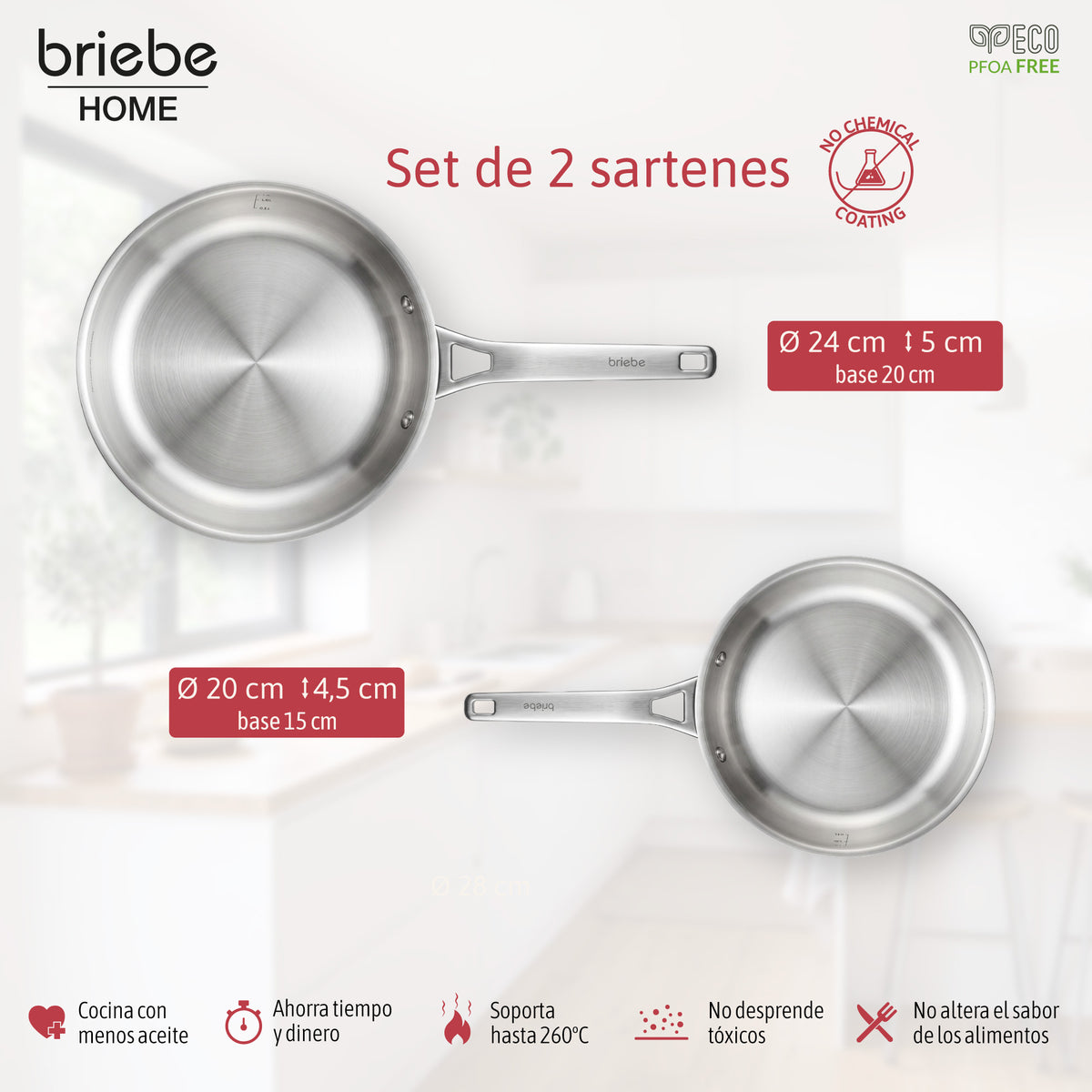 Briebe Pure Inox Juego De 2 Sartenes Acero Inoxidable Inducción 20-24 Cm, 3 Capas Tri-ply, Sin Antiadherente_3