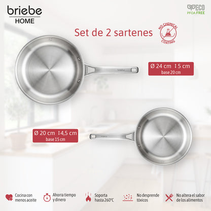 Briebe Pure Inox Juego De 2 Sartenes Acero Inoxidable Inducción 20-24 Cm, 3 Capas Tri-ply, Sin Antiadherente_3