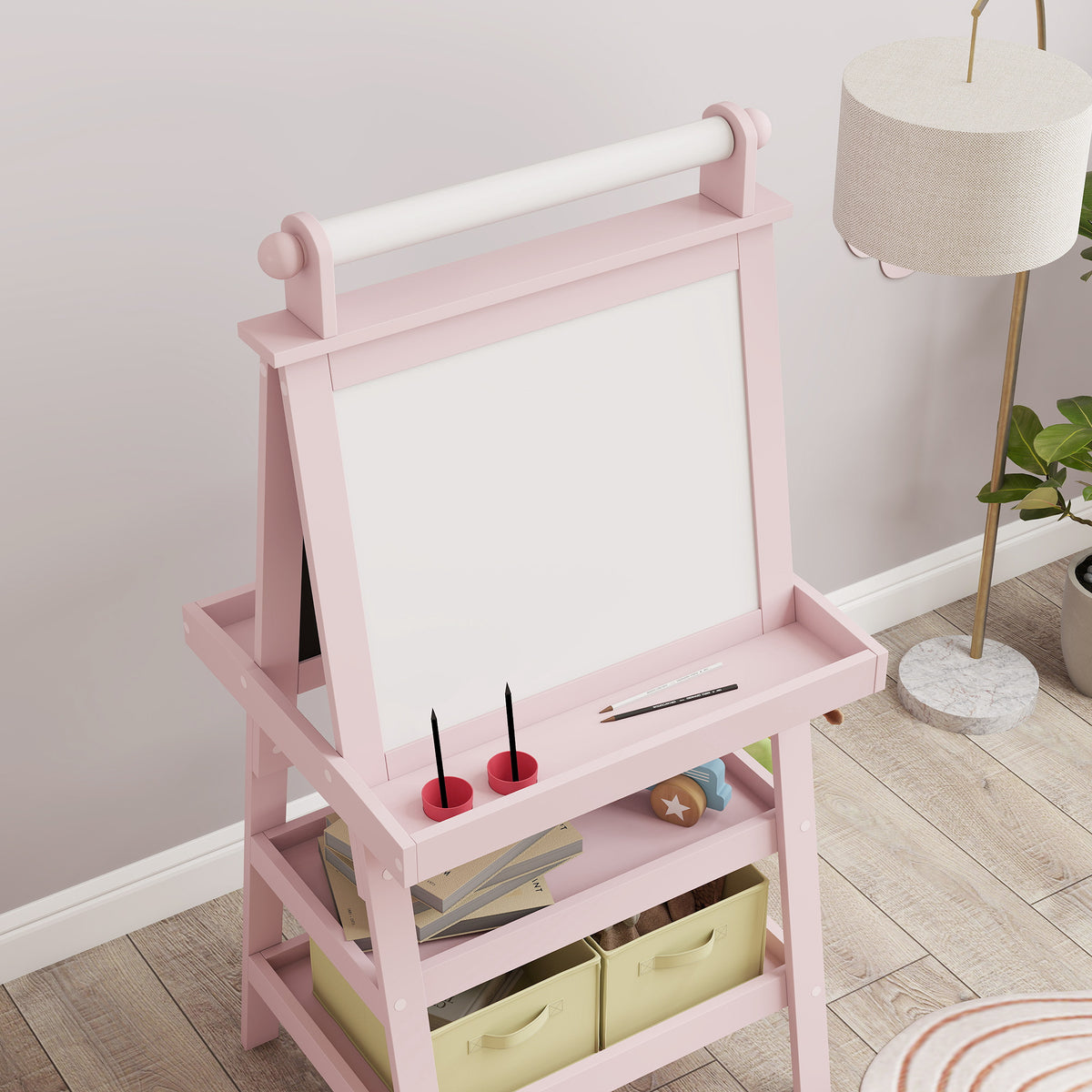 Aiyaplay Pizarra Infantil Caballete 3 En 1 Con Rollo De Papel Y Cestas Rosa_4