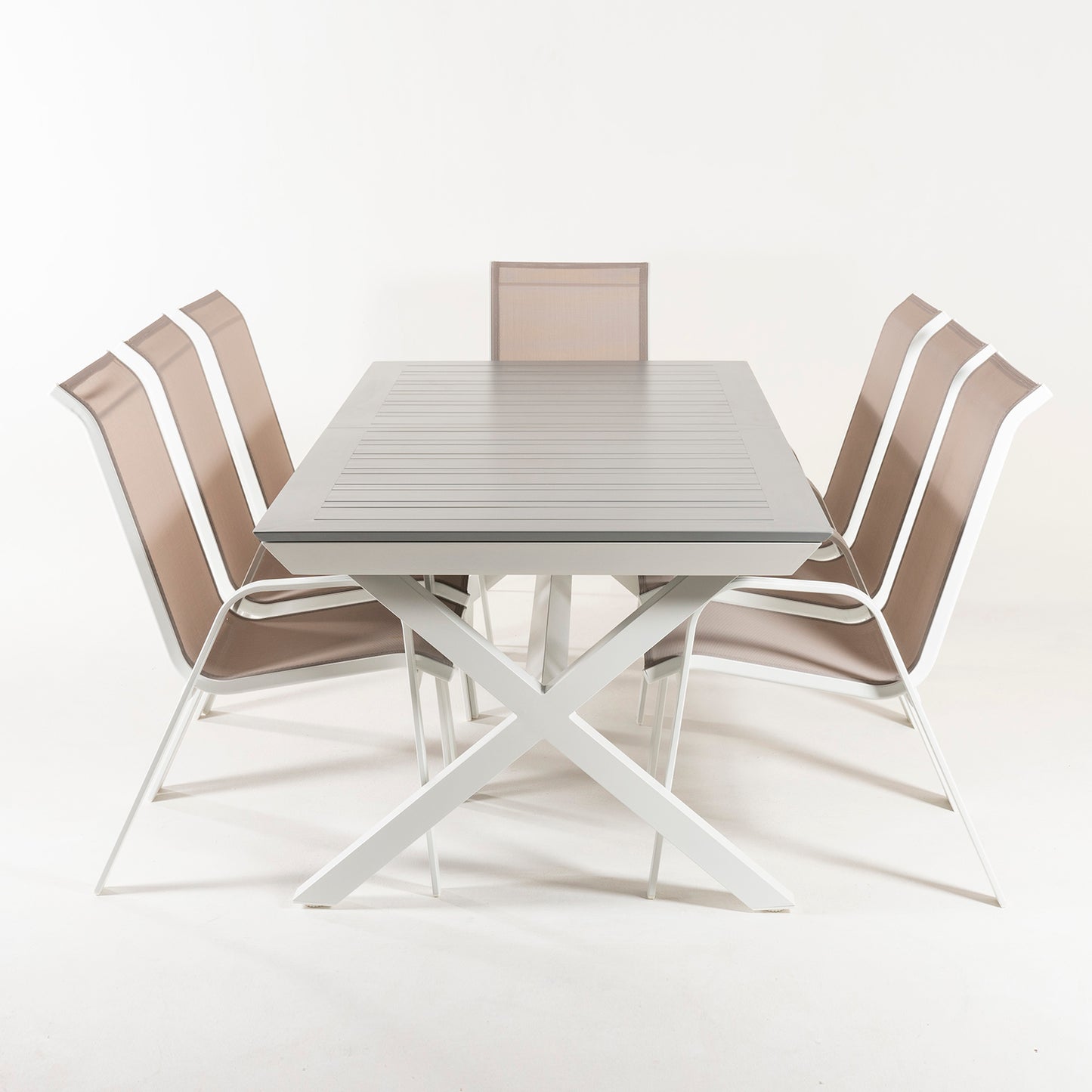 Conjunto Jardin, Mesa Extensible 215-295 Y 8 Sillones Apilables Blanco Y Gris_3