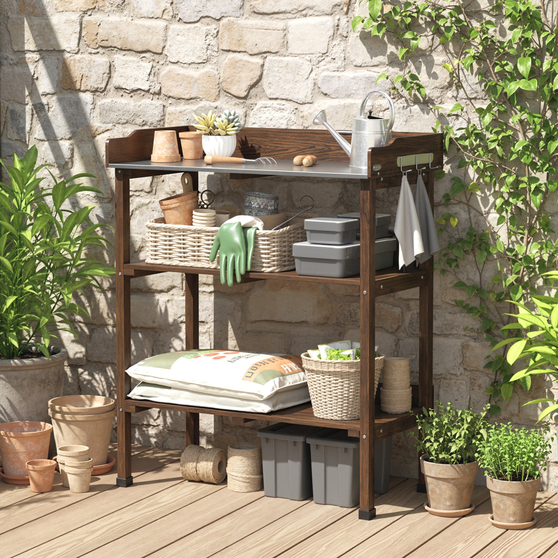 Outsunny Mesa De Plantación De Madera Con Placa Metálica 2 Estantes Carbonizado_1