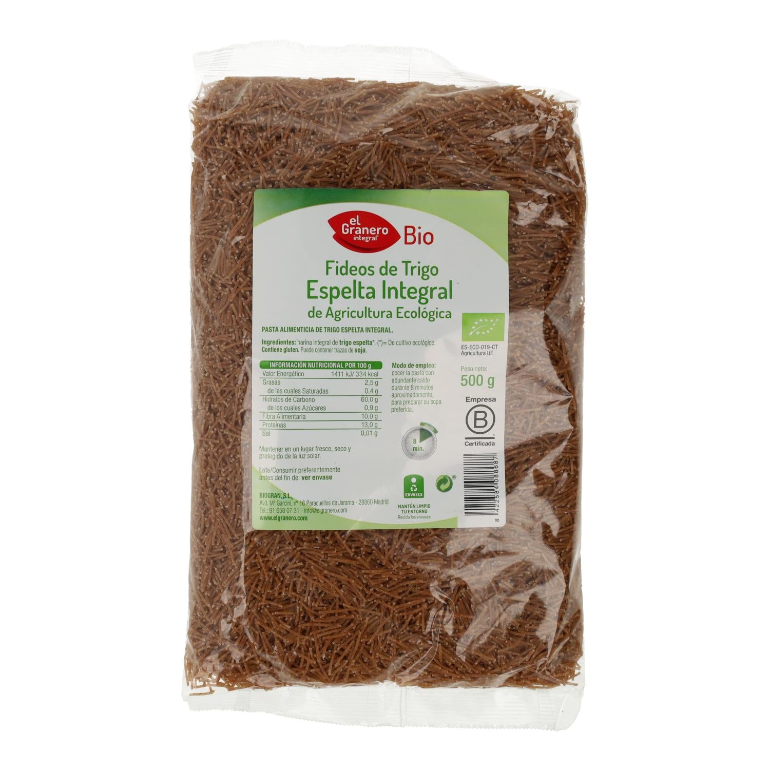 Fideos Finos Integrales de Trigo Espelta El Granero, 500 g