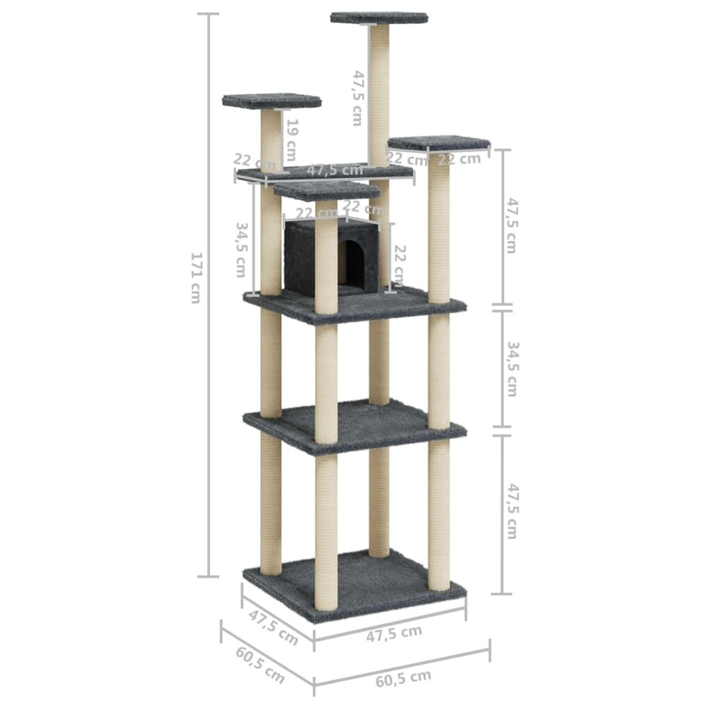 Vidaxl Rascador Para Gatos Con Postes De Sisal Gris Oscuro 171 Cm_2