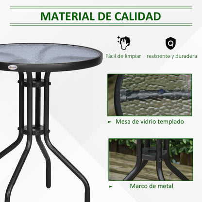 Outsunny Mesa De Jardín Redonda Con Vidrio Templado Marco Metal Ø60x70 Cm Negro_3