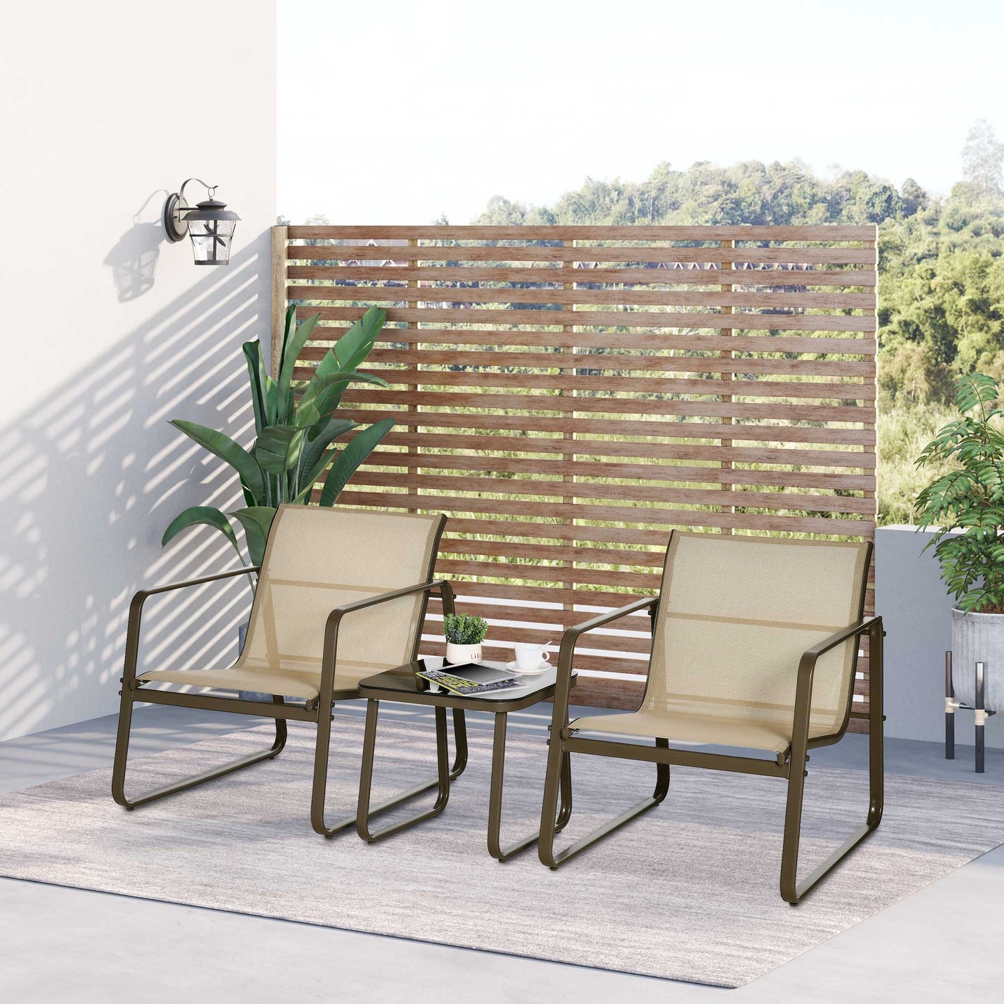 Outsunny Conjunto De Muebles De Jardín 3 Piezas Mesa De Vidrio Y 2 Sillas Caqui_1