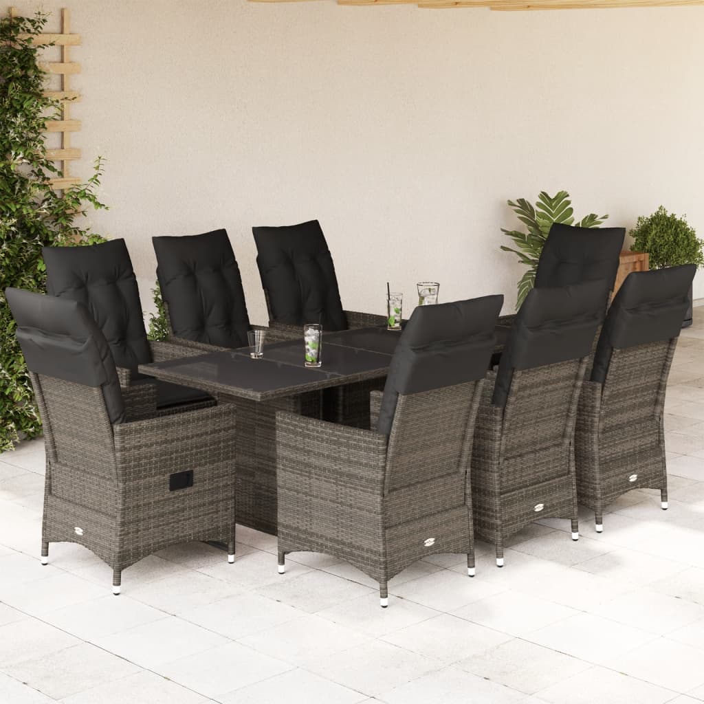 Set Comedor Jardín 9 Pzas Y Cojines Ratán Sintético Gris / Vetonek_1
