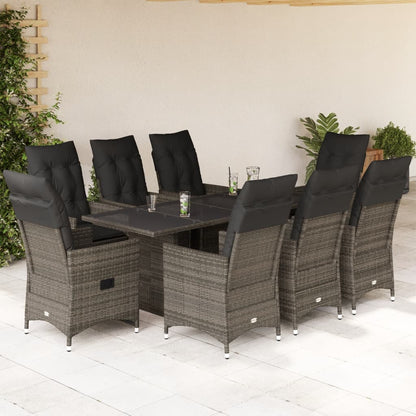 Set Comedor Jardín 9 Pzas Y Cojines Ratán Sintético Gris / Vetonek_1