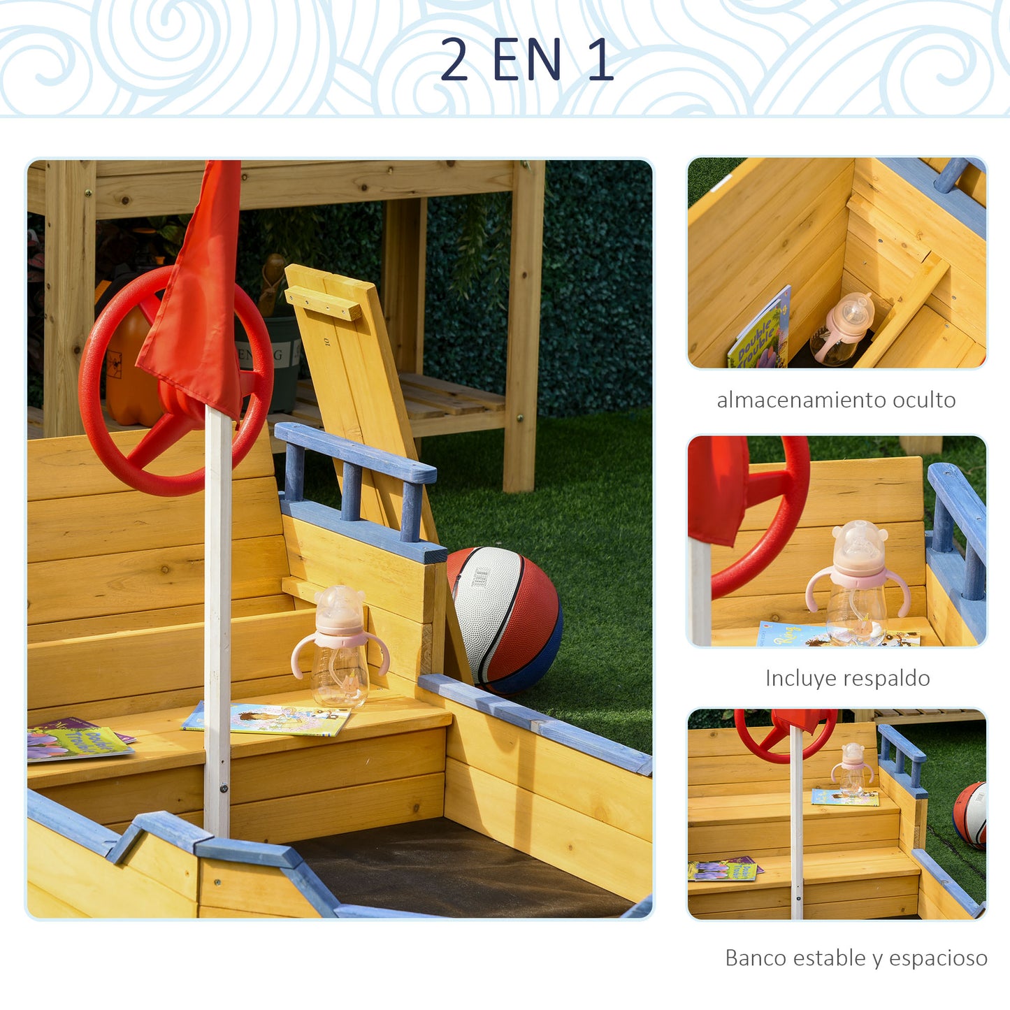 Outsunny Arenero Infantil Madera Diseño Galeón Con Banco Con Almacenaje +3 Años_4