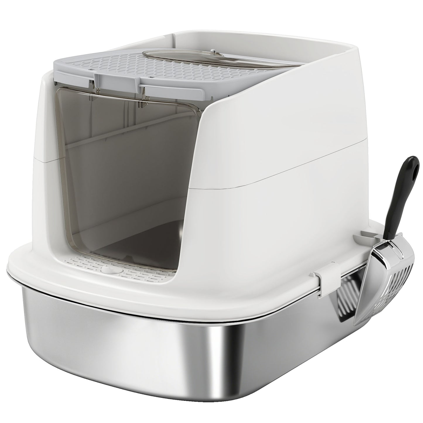 Pawhut Arenero Para Gatos De Acero Inoxidable L Con Tapa Abatible Blanco_0