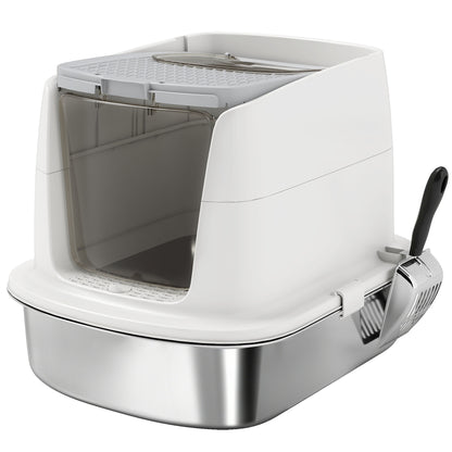 Pawhut Arenero Para Gatos De Acero Inoxidable L Con Tapa Abatible Blanco_0