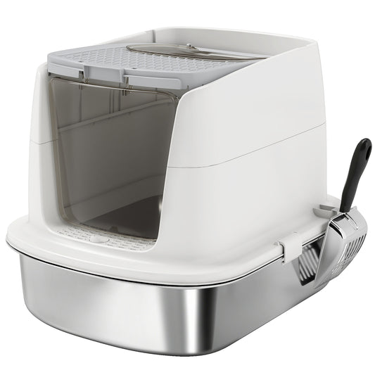 Pawhut Arenero Para Gatos De Acero Inoxidable L Con Tapa Abatible Blanco_0