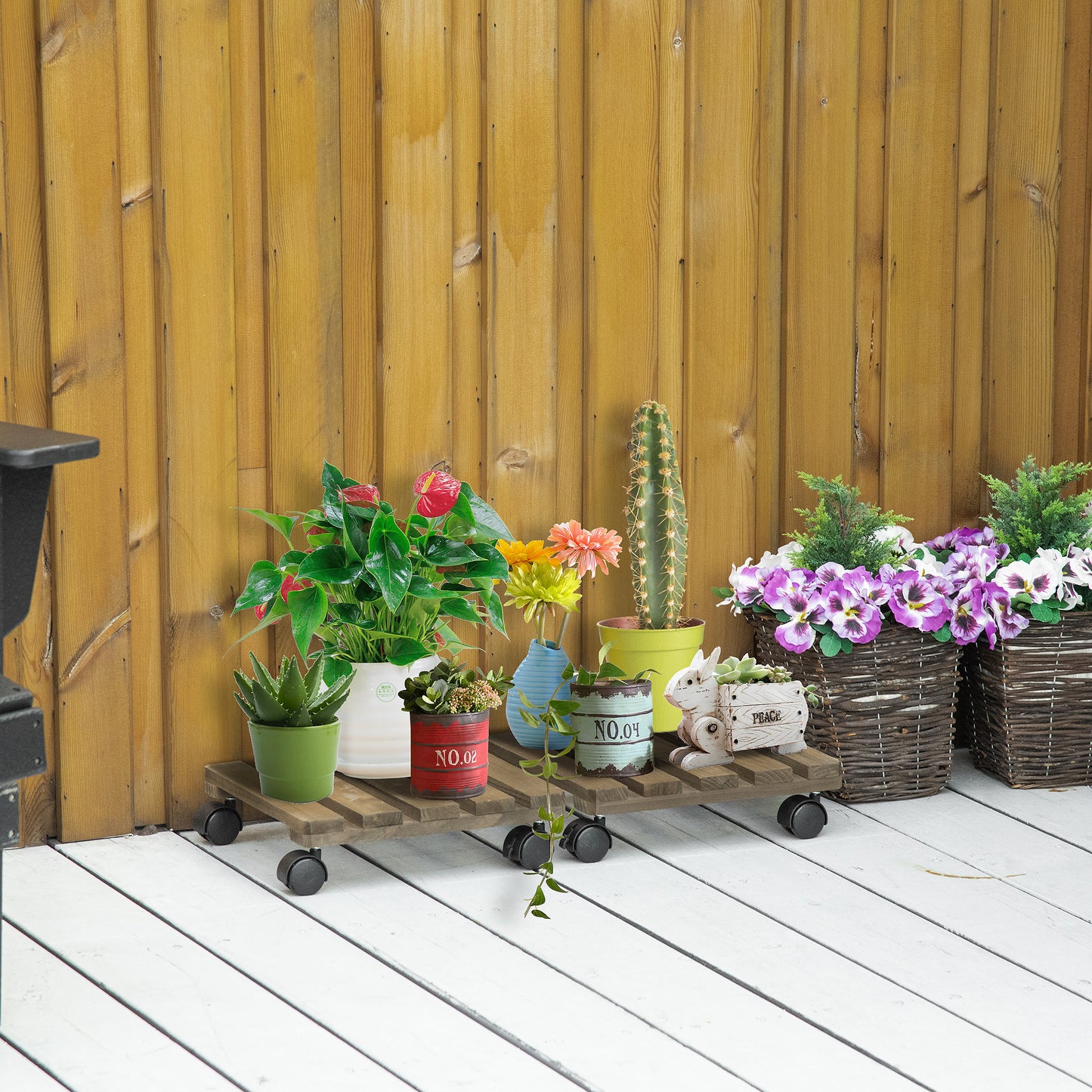 Outsunny Pack De 2 Plataformas Con Ruedas Para Macetas Exterior Interior Marrón_1