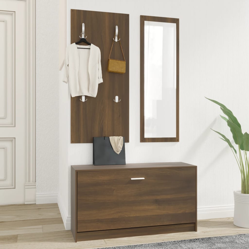 Set De Mueble Zapatero 3 En 1 Madera Contrachapada Marrón Roble / Vetonek_0