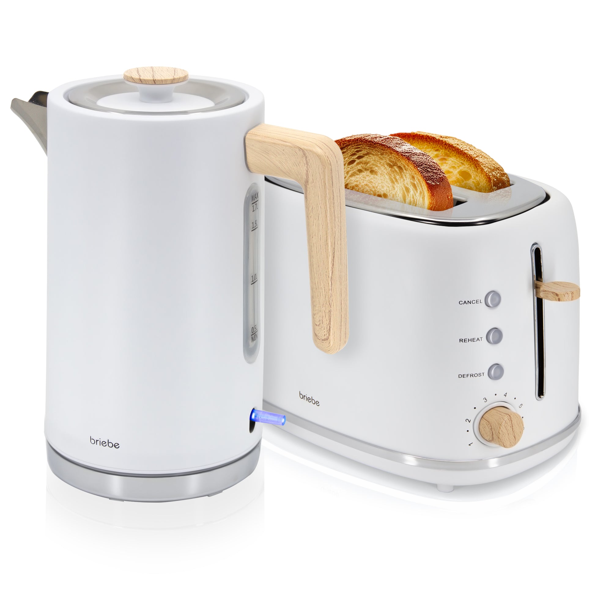 Briebe Nordic Set Tostadora Pan Ranura Ancha 2 Rebanadas + Hervidor Agua Eléctrico 1,7l Inalámbrico, Skt1167wht, Blanco_0