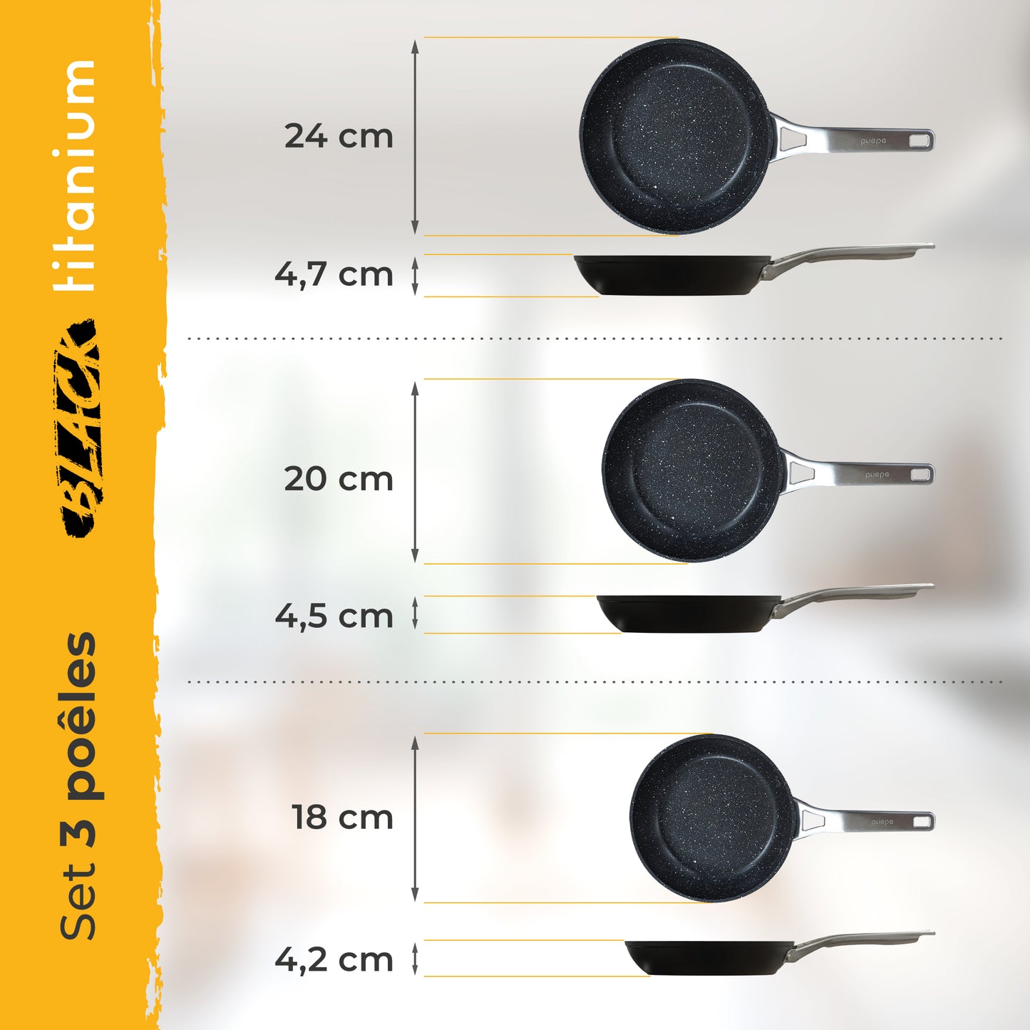 Briebe Set 3 Sartenes Antiadherentes Inducción Titanio 18-20-24cm, Aluminio Forjado Antiadherente, Black Titanium_4
